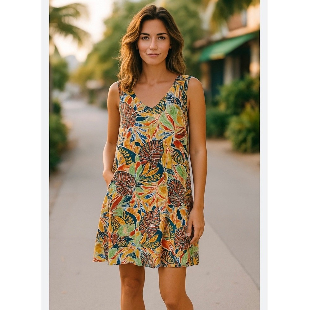 C&C California 100% Linen Tank Shift Mini Dress Palm Hawaiian Colorful Medium